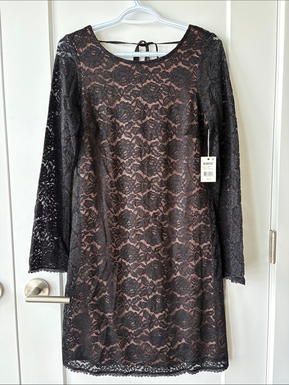 Black Lace Long-Sleeve Dress with Blush Lining